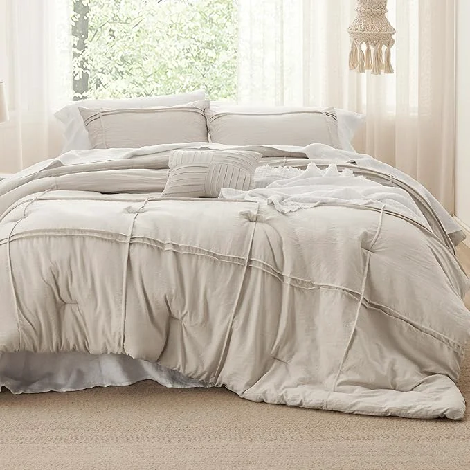Premium Material Bedsure California King Comforter Set – 4 Pieces Grid Pleat Bed Set Beige Boho Bedding for All Season 1 Soft Comforter 2 Pillowcases 1 Decorative Pillow Classic