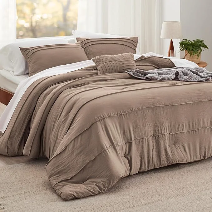 Casual Bedsure Brown King Size Comforter Set – 4 Pieces Pinch Pleat Bed Set Down Bedding Sets for All Season 1 Comforter 2 Pillowcases 1 Decorative Pillow Natural