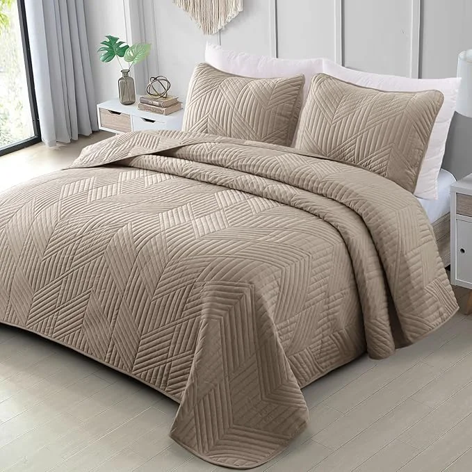Reusable Exclusivo Mezcla Ultrasonic Full Queen Quilt Bedding Set Lightweight Taupe Bedspreads Soft Modern Geometric Coverlet Set for All Seasons 1 Quilt and 2 Pillow Shams Casual