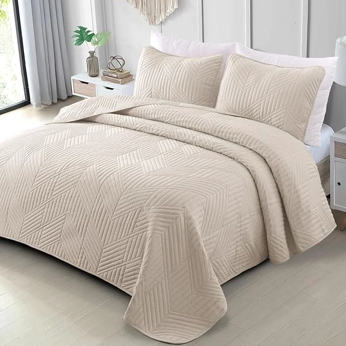 Effective Exclusivo Mezcla Ultrasonic Twin Quilt Bedding Set Lightweight Brich Beige Bedspreads Soft Modern Geometric Coverlet Set for All Seasons 1 Quilt and 1 Pillow Sham Durable