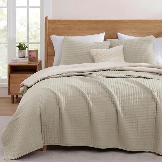 Excellent WRENSONGE King Size Quilt-3 Pieces Lightweight Bedspreads Light Oatmeal King Quilt Bedding Set for All Seasons Soft Summer Coverlet with 2 Pillow Shams Suitable for Bed Couch Quilt Blanket Artisan