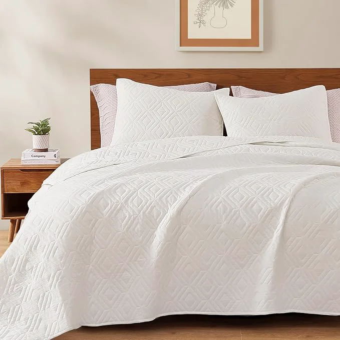 Genuine WRENSONGE Queen Quilt-3 Pieces Geometric White Bedspreads Queen Size Quilt Bedding Set for All Seasons Soft Summer Coverlet with 2 Pillow Shams Suitable for Bed Couch Quilted Blanket Advanced