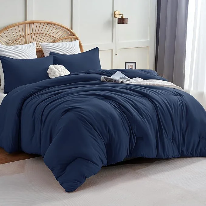 CozyLux Oversized Queen Comforter Set Navy Blue 3 Pieces 98×98 Solid Breathable Quilted Bedding Sets for All Season Luxury Soft Lightweight Bed Set with Down Comforter and 2 Pillowcases Flexible