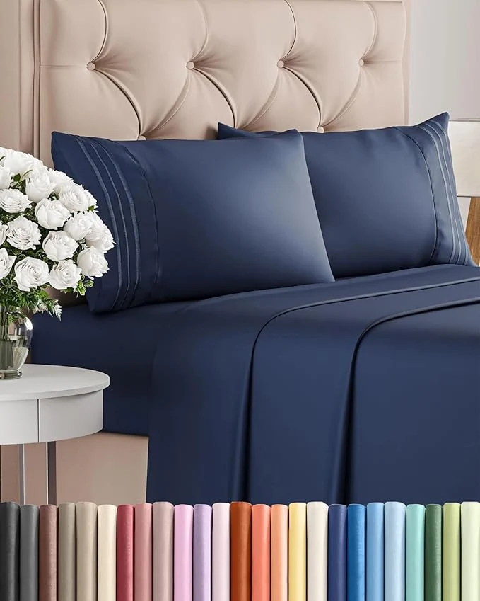Pure Cal King Size 4 Piece Sheet Set – Comfy Breathable amp Cooling Bed Sheets Set – Hotel Luxury Bedding for Women Men Kids Teens Boys amp Girls – Deep Pockets Soft Wrinkle – Oeko-Tex – Navy Blue Elite