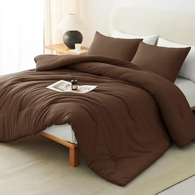 Easy-to-Use CozyLux King Size Comforter Set Brown 3 Pieces Solid Comforters King Size Breathable Quilted Bedding Sets Luxury Soft Lightweight Bed Set with Down Comforter and 2 Pillowcases All Season Crafted