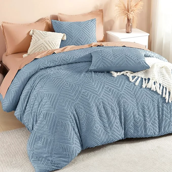 Efficient Litanika Grayish Blue Super King Plus Comforter 3 Pieces Tufted Boho Farmhouse Bedding Sets Lightweight Fluffy Bed Set for All Season 128x120In Comforter and 2 Pillowcases Traditional