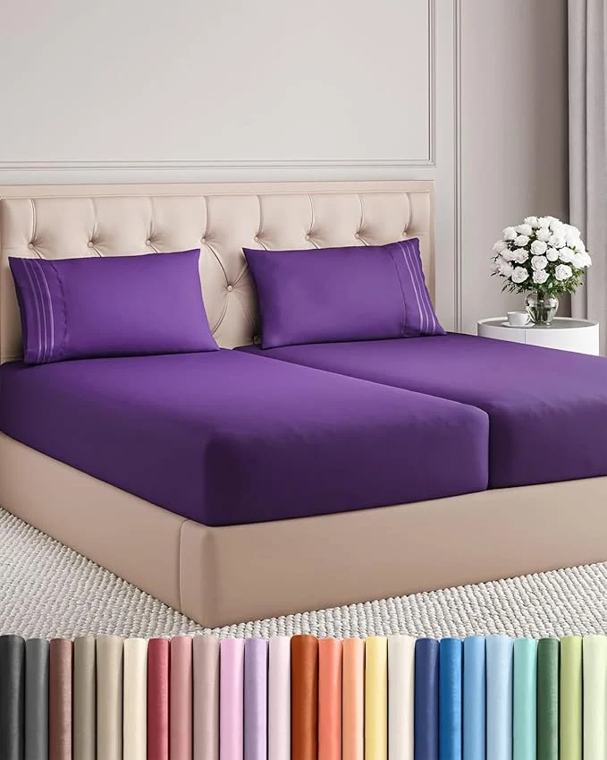 Proven Split King Size 5 Piece Sheet Set – Comfy Breathable amp Cooling Bed Sheets Set – Hotel Luxury Bedding for Women Men Kids Teens Boys amp Girls – Deep Pockets Soft Wrinkle – Oeko-Tex – Purple Relaxed
