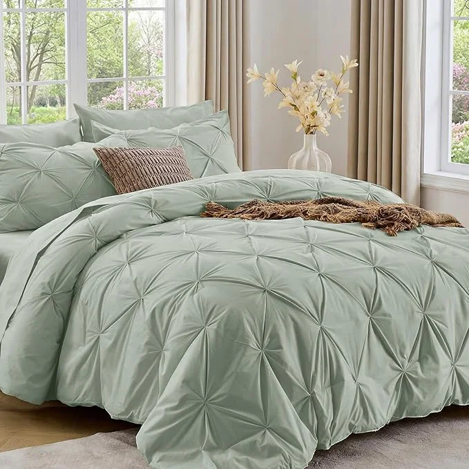 Premium Sasttie California King Comforter Set 7-Piece Bed in a Bag Pintuck Bedding Sets for All Season Includes Comforter Flat Sheet Fitted Sheet Pillowcases and Pillowshams Dusty Green Natural