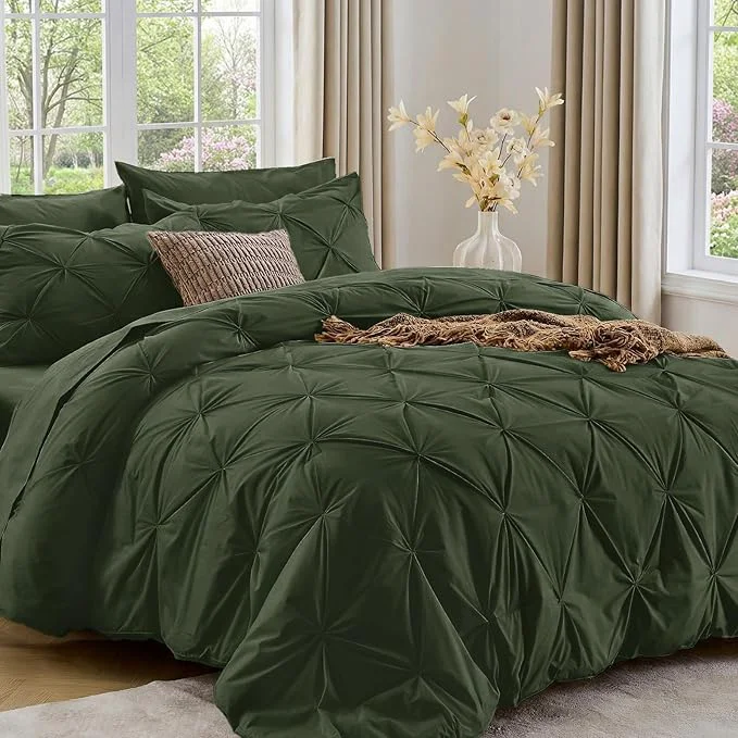 Classic Sasttie Queen Comforter Set 7-Piece Bed in a Bag Pintuck Bedding Set for All Season Includes Comforter Flat Sheet Fitted Sheet Pillowcases and Pillowshams Dark Green Authentic
