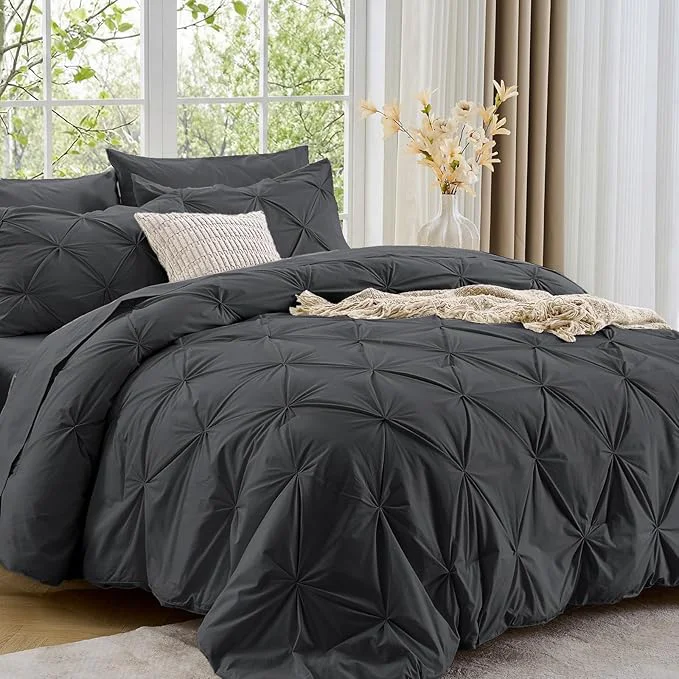 High-Quality Sasttie King Size Comforter Set 7-Piece Bed in a Bag Pintuck Bedding Sets for All Season Includes Comforter Flat Sheet Fitted Sheet Pillowcases and Pillowshams Dark Grey High-Performance
