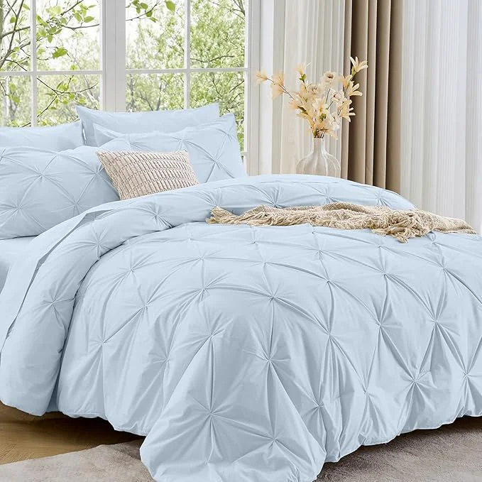 Minimalist Sasttie Full Size Comforter Set 7-Piece Bed in a Bag Pintuck Bedding Sets for All Season Includes Comforter Flat Sheet Fitted Sheet Pillowcases and Pillowshams Light Blue Enhanced