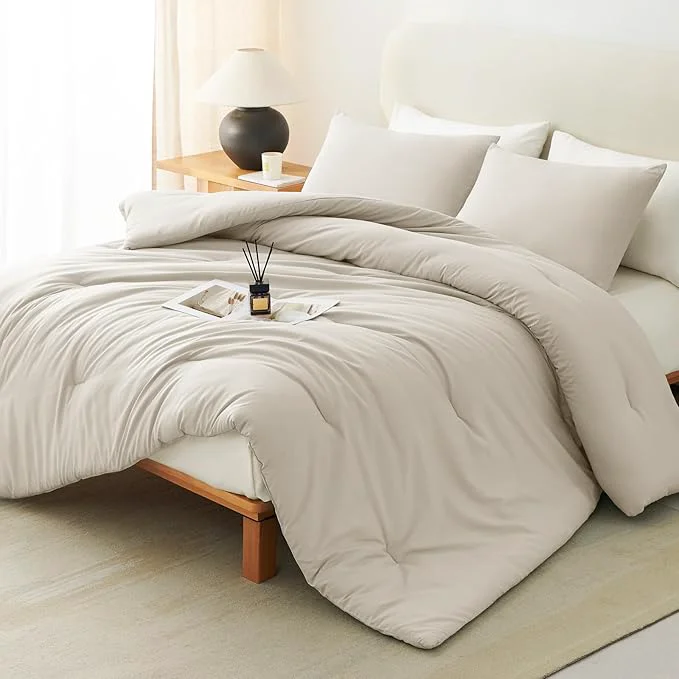 Sophisticated CozyLux California King Comforter Set Beige 3 Pieces Cal King Solid Breathable Quilted Bedding Sets Cozy Luxury Fluffy Soft Bed Sets with Down Comforter and 2 Pillowcases for All Season Unique
