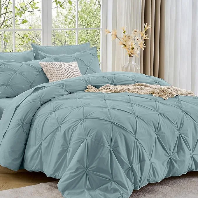 Top-Quality Sasttie California King Comforter Set 7-Piece Bed in a Bag Pintuck Bedding Sets for All Season Includes Comforter Flat Sheet Fitted Sheet Pillowcases and Pillowshams Greyish Blue Fine Crafted