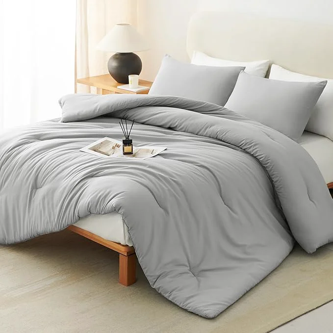 Detailed CozyLux Queen Comforter Set Light Grey 3 Pieces Solid Comforters Queen Size Breathable Bedding Sets Light Gray Luxury Soft Lightweight Bed Set with Down Comforter and 2 Pillowcases Long-Lasting