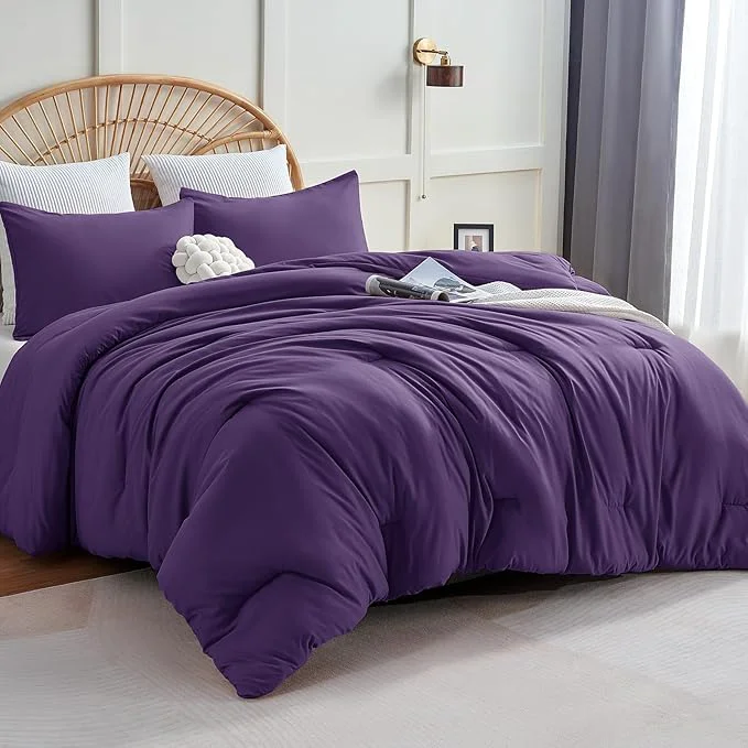Fine Crafted CozyLux King Size Comforter Set Purple 3 Pieces Solid Comforters King Size Breathable Quilted Bedding Set Luxury Soft Lightweight Bed Set with Down Comforter and 2 Pillowcases All Season Certified