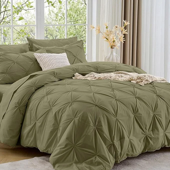 Environmentally Friendly Sasttie Queen Comforter Set 7-Piece Bed in a Bag Pintuck Bedding Sets for All Season Includes Comforter Flat Sheet Fitted Sheet Pillowcases and Pillowshams Olive Green Crafted
