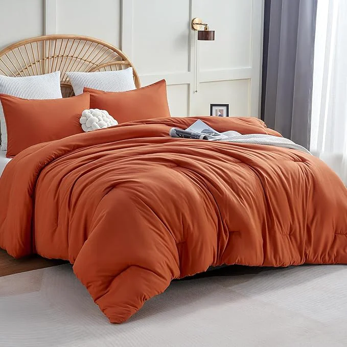 Powerful CozyLux California King Comforter Set Burnt Orange 3 Pieces Cal King Terracotta Solid Breathable Bedding Sets Luxury Soft Lightweight Bed Set with Down Comforter and 2 Pillowcases Practical