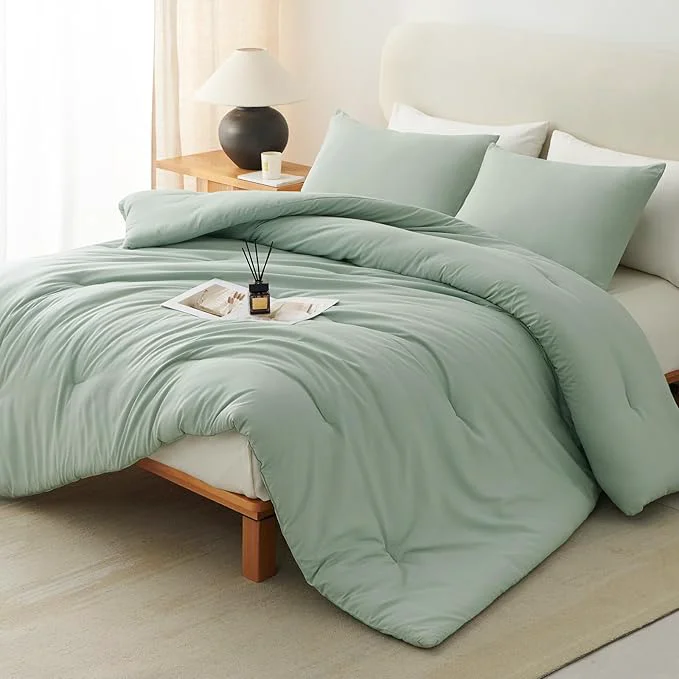 Smart CozyLux King Size Comforter Set Sage Green 3 Pieces Solid Comforters King Size Breathable Quilted Bedding Sets Luxury Soft Lightweight Bed Set with Down Comforter and 2 Pillowcases Authentic