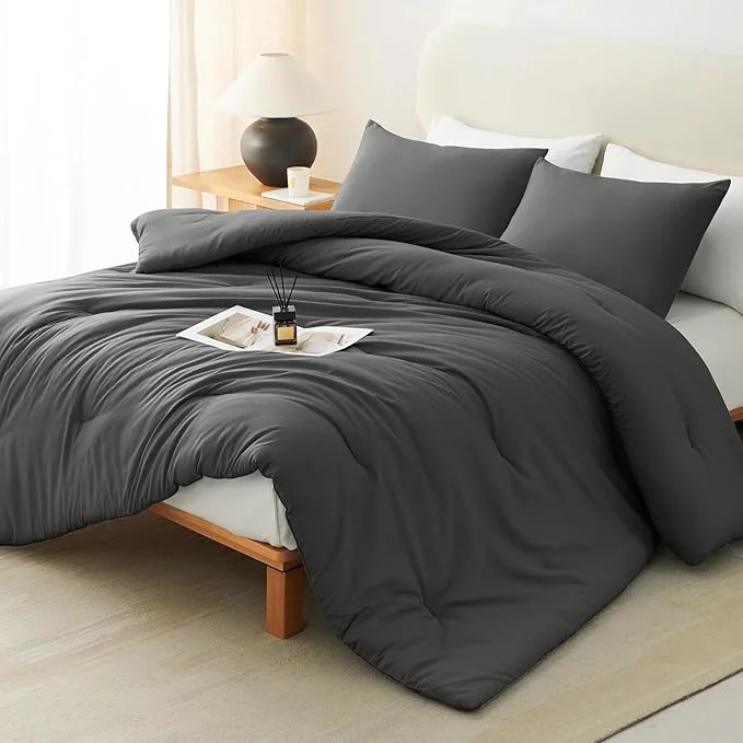 Advanced CozyLux Full Size Comforter Set Dark Grey 3 Pieces Solid Breathable Quilted Bedding Sets Dark Gray Luxury Lightweight Soft Bed Set with Down Comforter and 2 Pillowcases for All Seasons Trendy