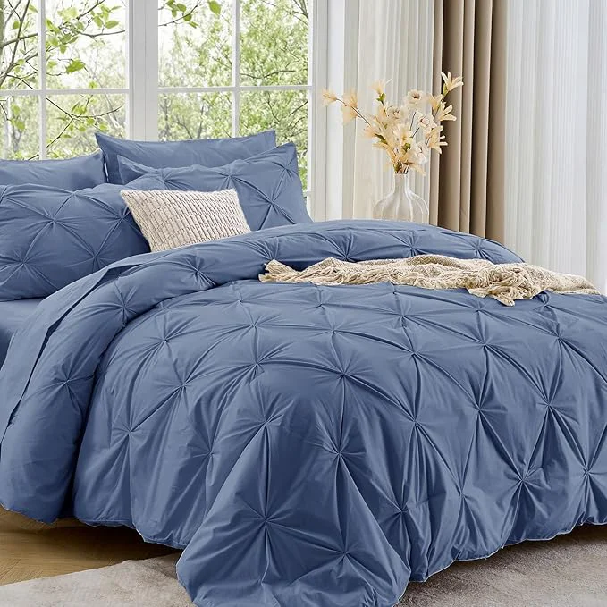 Premium Sasttie Queen Comforter Set 7-Piece Bed in a Bag Pintuck Bedding Sets for All Season Includes Comforter Flat Sheet Fitted Sheet Pillowcases and Pillowshams Slate Blue Elegant