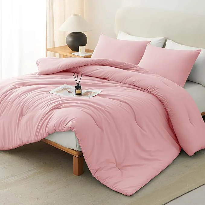 Genuine CozyLux King Size Comforter Set Pink 3 Pieces Solid Comforters King Size Breathable Quilted Bedding Sets Luxury Soft Lightweight Bed Set with Down Comforter and 2 Pillowcases All Season High-Grade