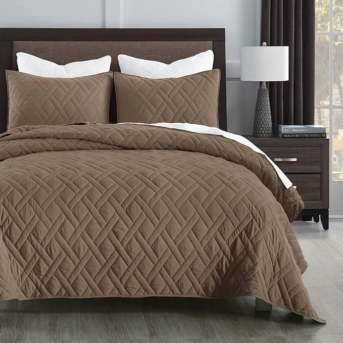 Premium HORIMOTE HOME Quilt Set King Size Pine Bark Classic Geometric Diamond Stitched Pattern Ultra Soft Microfiber Lightweight Bedding Bedspread Coverlet for All Season with 1 Quilt 2 Pillow Shams Healthy