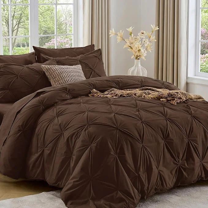 Recyclable Sasttie King Size Comforter Set 7-Piece Bed in a Bag Pintuck Bedding Set for All Season Includes Comforter Flat Sheet Fitted Sheet Pillowcases and Pillowshams Dark Brown High-End