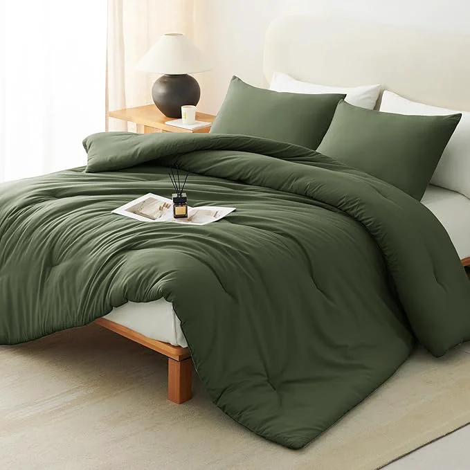 Original CozyLux Oversized King Comforter Set Olive Green 3 Pieces 120×98 Solid Breathable Quilted Bedding Sets All Seasons Luxury Soft Lightweight Bed Set with Down Comforter and 2 Pillowcases Exclusive