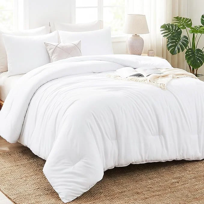 User-Friendly CozyLux Full Size Comforter Set White 3 Pieces Solid Breathable Quilted Bedding Sets Luxury Lightweight Soft Bed Set with Down Comforter and 2 Pillowcases for All Seasons Secure