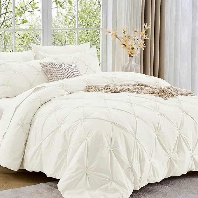Casual Sasttie California King Comforter Set 7-Piece Bed in a Bag Pintuck Bedding Sets for All Season Includes Comforter Flat Sheet Fitted Sheet Pillowcases and Pillowshams Ivory Elegant