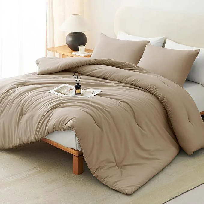 Proven CozyLux Full Size Comforter Set Taupe 3 Pieces Solid Breathable Quilted Bedding Sets Luxury Lightweight Soft Bed Set with Down Comforter and 2 Pillowcases for All Seasons Enhanced