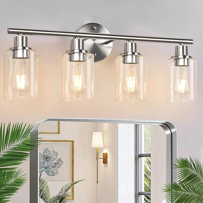 Secure 4-Light Bathroom Light Fixtures Brushed Nickel Modern Vanity Lights Over Mirror Excellent