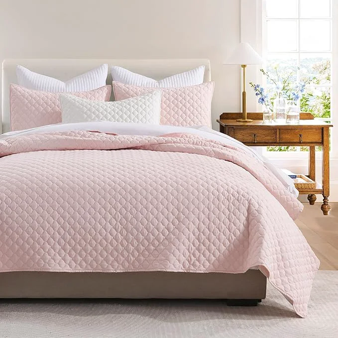 Healthy HORIMOTE HOME Quilt Queen Size Light Pink Lightweight Quilts for Summer Ultra-Soft Microfiber Modern Style Quilted Clouds Pattern Bedspread Quit Set 3 Pieces 1 Quilt and 2 Pillow Shams Powerful
