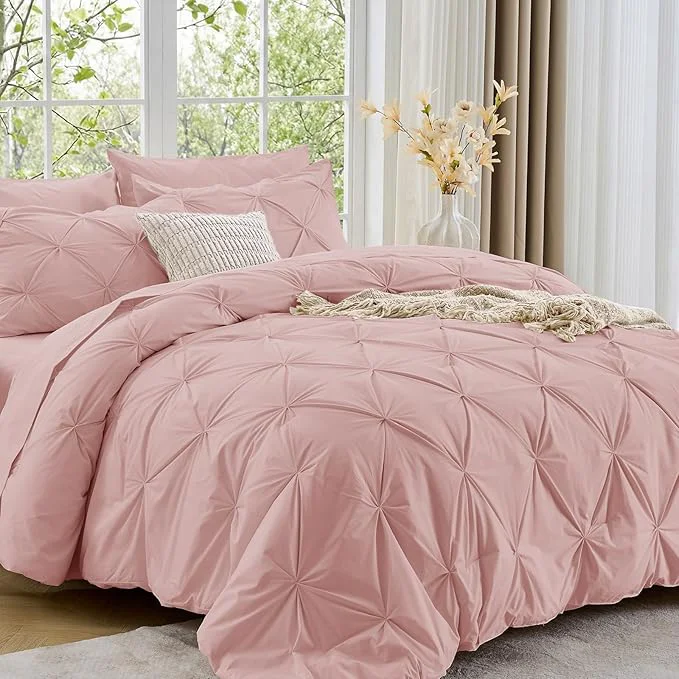 Unique Sasttie Full Size Comforter Set 7-Piece Bed in a Bag Pintuck Bedding Set for All Season Includes Comforter Flat Sheet Fitted Sheet Pillowcases and Pillowshams Rose Gold Consistent