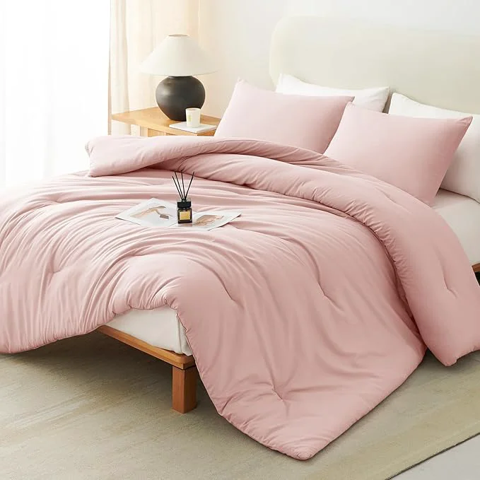 CozyLux King Size Comforter Set Blush Pink 3 Pieces Solid Comforters King Size Breathable Bedding Sets Luxury Soft Lightweight Bed Set with Down Comforter and 2 Pillowcases All Season First-Class