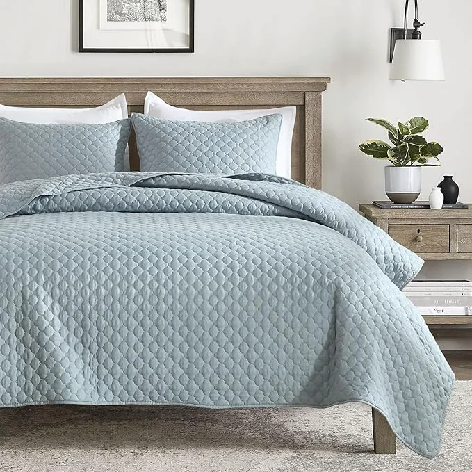 Artisan HORIMOTE HOME Quilt King Size Chambray Blue Lightweight Quilt for Summer Ultra-Soft Polyester Modern Style Quilted Clouds Pattern Bedspread Quit Set 3 Pieces 1 Quilt and 2 Pillow Shams User-Friendly