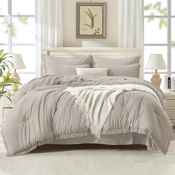 Superior Andency Queen Comforter Set with Sheets Heather Grey – 7 Pieces Boho Tassel Bed in a Bag Soft Lightweight Bedding Sets Fringe Bed Set with Comforter Sheets Pillowcases amp Shams Original Design