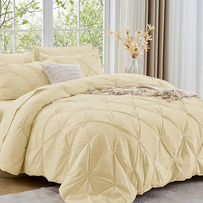 High-Quality Sasttie King Size Comforter Set 7-Piece Bed in a Bag Pintuck Bedding Set for All Season Includes Comforter Flat Sheet Fitted Sheet Pillowcases and Pillowshams Pale Yellow Specialty