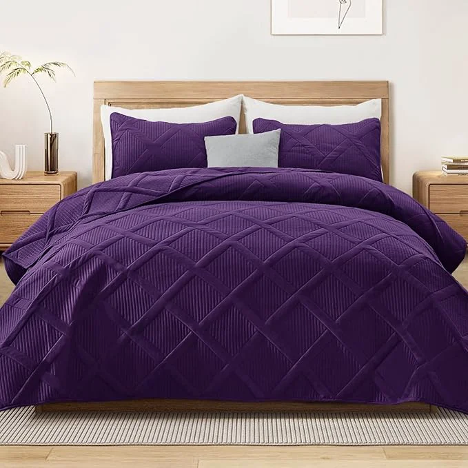 User-Friendly Exclusivo Mezcla Oversized King Quilt Set- Deep Purple Cal King Quilts Bedding Set with 2 Pillow Shams Modern Bedspread with Striped Pattern Soft Lightweight Bedspreads Coverlets for All Seasons Casual