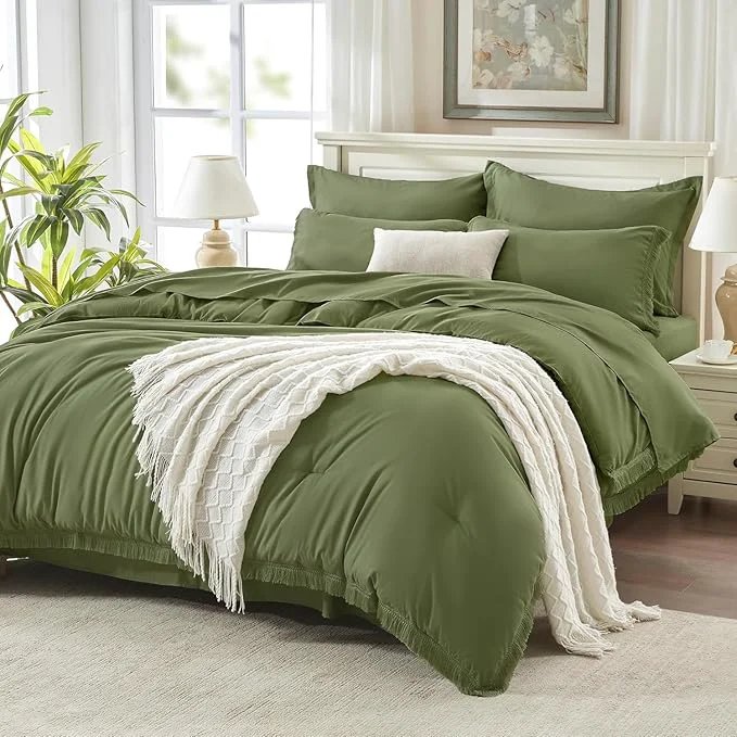 High-Grade Andency Oversized King Comforter Set with Sheets 128×120 Olive Green – 7 Pieces Bed in a Bag Boho Soft Lightweight Bedding Sets Tassel Bed Set with Comforter Sheets Pillowcases amp Shams Solid