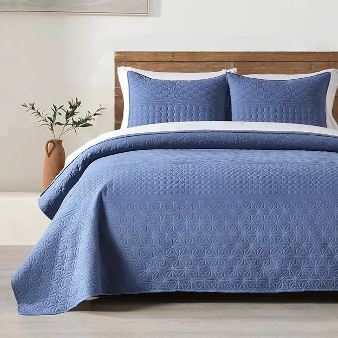 Eco-Friendly HORIMOTE HOME Denim Blue King Size Quilt Set – Soft Microfiber Bedspread with 2 Shams Lightweight amp All-Season Geometric Coverlet for Cozy Bedding Fine