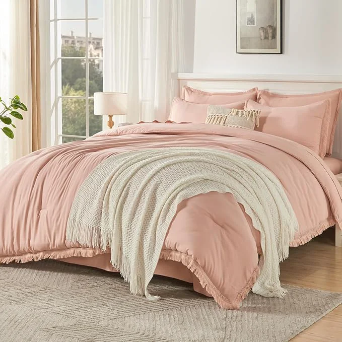 Specialty Andency Oversized King Comforter Set Pink 120×98-7 Pieces Boho Tassel Bed in a Bag Soft Lightweight Bedding Sets Fringe All Season Bed Set with Comforter Sheets Pillowcases amp Shams Traditional