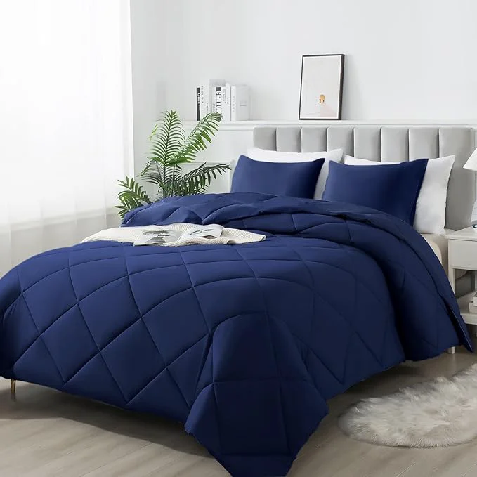 Functional 3-Piece King Comforter Set All-Season Soft amp Hypoallergenic amp Breathable Bedding Polyester Quilted Down Comforter 1 amp Pillowcases 2 Dark Blue Practical