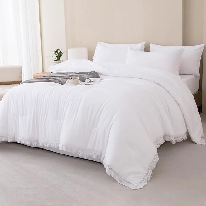 High-Grade Andency Full Size Comforter Set White -7 Pieces Boho Tassel Bed in a Bag Soft Lightweight Bedding Sets All Season Fringe Bed Set with Comforter Sheets Pillowcases amp Shams Practical