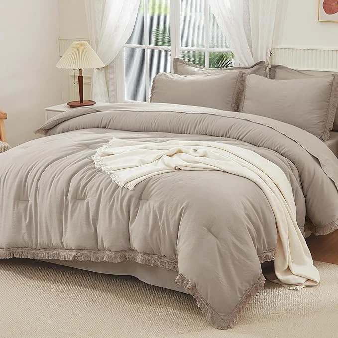 Long-Lasting Andency Wheat King Size Comforter Set with Sheets – 7 Pieces Boho Tassel Bed in a Bag Soft Lightweight Bedding Sets Wheat Fringe Bed Set with Comforter Sheets Pillowcases amp Shams Official