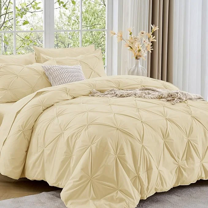 Premium Material Sasttie Twin Comforter Set 5-Piece Bed in a Bag Pintuck Bedding Sets for All Season Includes Comforter Flat Sheet Fitted Sheet Pillowcase and Pillowsham Pale Yellow Carefully Designed
