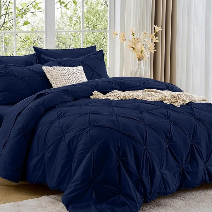 Classic Sasttie King Size Comforter Set 7-Piece Bed in a Bag Pintuck Bedding Sets for All Season Includes Comforter Flat Sheet Fitted Sheet Pillowcases and Pillowshams Navy Comfortable