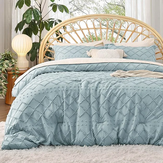 Relaxed Bedsure Full Comforter Set – Dusty Blue Comforter Boho Tufted Shabby Chic Bedding for Kids 3 Pieces Vintage Farmhouse Bed Set for All Seasons Fluffy Soft Bedding with 2 Pillow Shams Pure