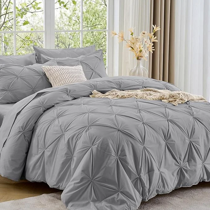 Fashionable Sasttie Twin Comforter Set 5-Piece Bed in a Bag Pintuck Bedding Sets for All Season Includes Comforter Flat Sheet Fitted Sheet Pillowcase and Pillowsham Light Grey Fine
