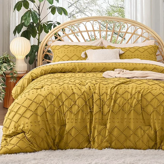Top-Quality Bedsure King Comforter Set – Mustard Yellow Comforter Boho Tufted Shabby Chic Bedding for Kids 3 Pieces Vintage Farmhouse Bed Set for All Seasons Fluffy Soft Bedding with 2 Pillow Shams Durable